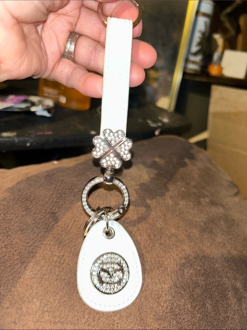 White Mazda Rhinestone Clover Strap Keychain - Women's Accessory